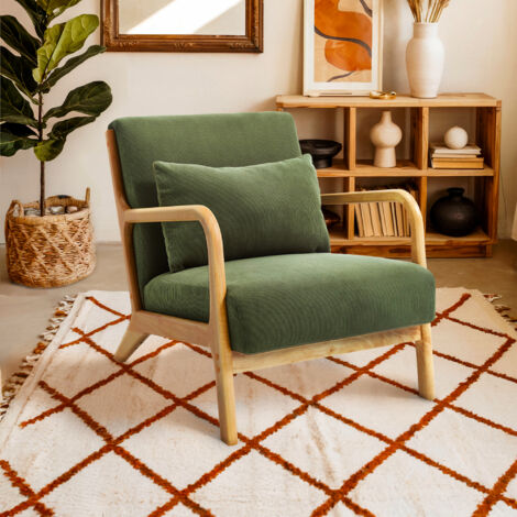 Fauteuil scandinave vintage MARIE velours côtelé kaki et bois