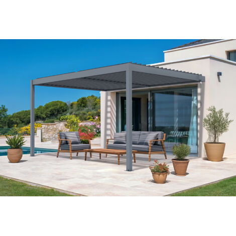 Cazeboo – Pergola bioclimatique adossée 4x3m aluminium gris – Lames orientables – Résistance au vent jusqu'à 60 km/h – Installation facile