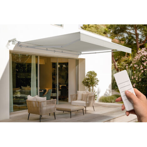 Store banne motorisé semi-coffre structure blanche FAZZIO 4m x 3m toile beige (1/5)