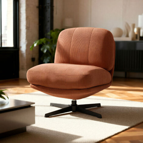 Fauteuil pivotant 360° velours côtelé terracotta pied métal noir LENA