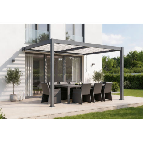 Pergola bioclimatique 4x3 adossée AGOSTA hauteur 250cm - Aluminium gris lames blanches