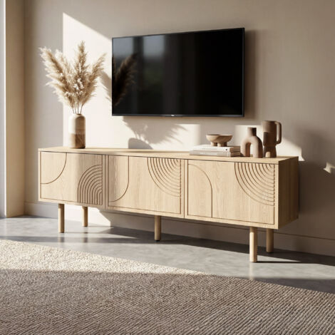 Meuble TV scandinave 160cm 3 portes finition chêne SASKIA