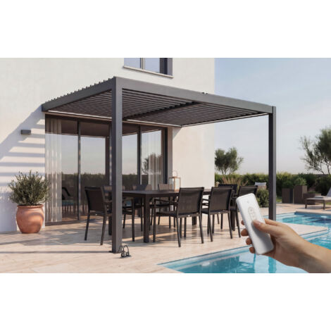 Pergola bioclimatique motorisée 4x3m adossée à LED AGOSTA hauteur 250cm - Aluminium gris