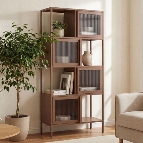 Etagère Industrielle H.170cm 4 Portes 4 Niches Marron Et Verre Cannelé Kiara (1/5)