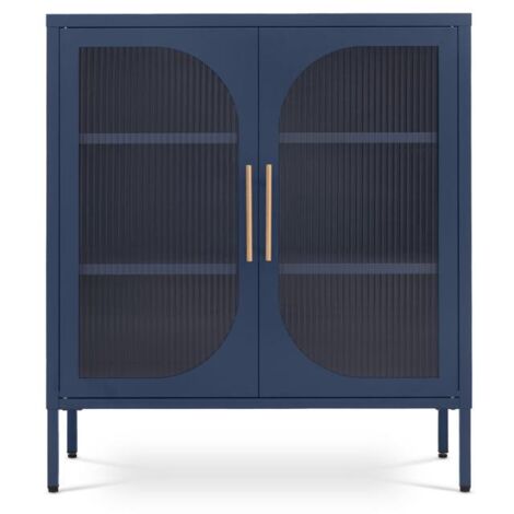 Buffet Métal 2 Portes Bleu Nuit Et Verre Cannelé 80cm Luka (1/5)