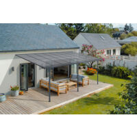 Cazeboo – Pergola adossée KLEO 5x3m en aluminium gris anthracite – Toit en polycarbonate alvéolaire – Gouttières intégrées pour évacuation des eaux
