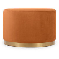 Pouf art déco CHARLOTTE II en velours orange brûlée – Base en métal doré – Large assise confortable pour décoration intérieure
