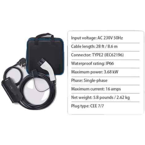 Chargeur EV portable, compatibilité de type 2, câble de charge de 28 pieds, 3,68 kW (1/2)