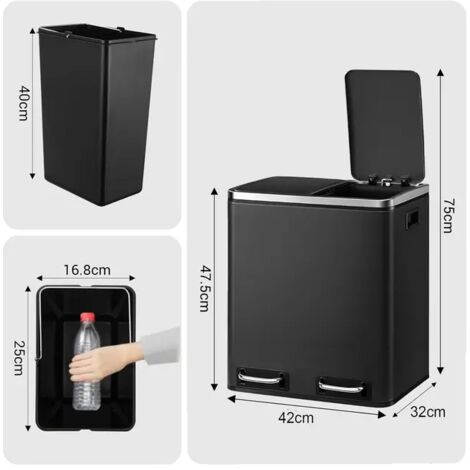 Poubelle en acier inoxydable, double compartiment, couvercle à fermeture douce, 8/12 gallons, noir -2x15L(8Gal) (1/2)