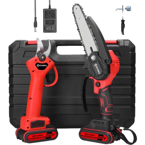 Ensemble de tronçonneuse, électrique 21 V, capacité de coupe de 6 pouces, sécateur sans fil, rouge (1/2)