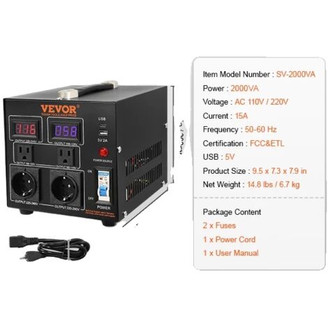 Transformateur convertisseur de tension, robuste, transformateur élévateur/descente, 2000 VA (1/2)