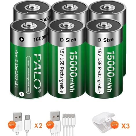Batterie rechargeable de taille D, chargement USB de type C, technologie Li-ion, batterie 6PCS (1/2)
