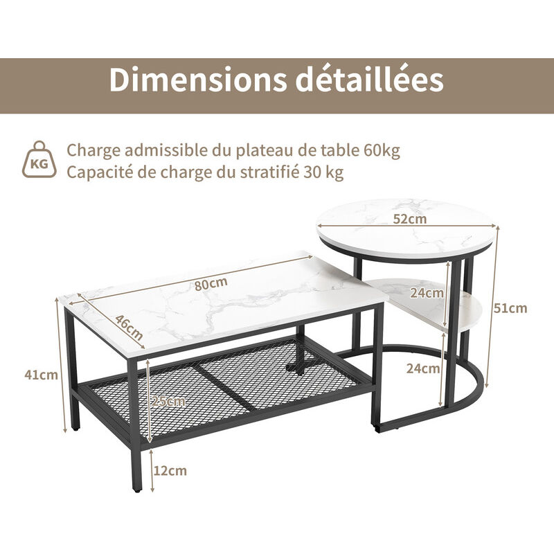 Lot De 2 Tables Basses Rondes En Bois Et Métal Blanc - Grand Plateau 60x45cm, Petit Plateau 40x40cm - Pour Salon, Chambre, Bureau