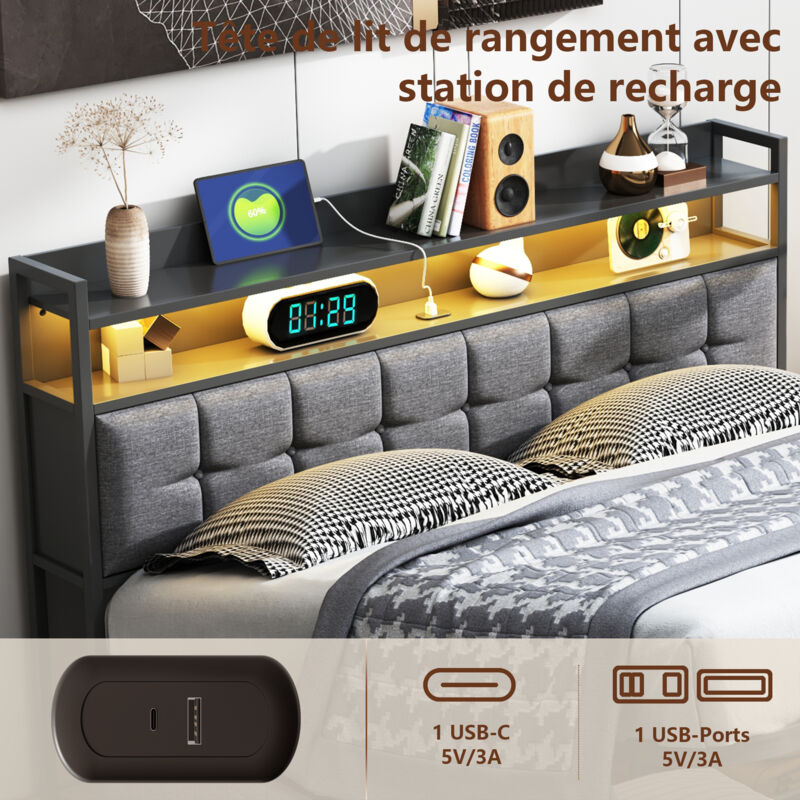 Lit Coffre 140x200cm - Lit Double Avec Tête De Lit LED Avec Rangemet En Tissu Velours Gris 96244907