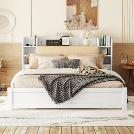 Cadre de lit en bois, 180 x 200cm, cadre de lit double blanc avec 4 tiroirs et tête de lit de rangement, sommier à lattes en bois, lit plat simple pour la chambre à coucher (1/5)