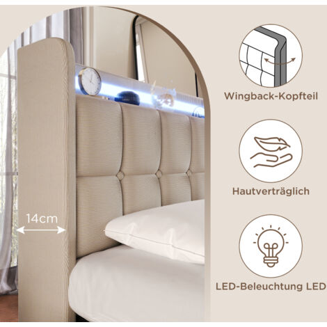 lit adult 180x200 avec tiroirs,lit double,avec sommier à lattes,avec chargement USB, avec éclairage LED,tissu en lin,Beige