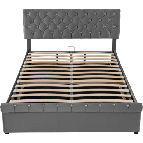 Lit double capitonné 140x200cm,lit coffre 140x200cm,lit hydraulique avec espace de rangement,sommier à lattes,lit double,tête de lit capitonnée lit adulte,velours, Gris