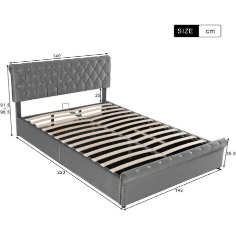 Lit double capitonné 140x200cm,lit coffre 140x200cm,lit hydraulique avec espace de rangement,sommier à lattes,lit double,tête de lit capitonnée lit adulte,velours, Gris