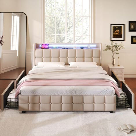 Lit double capitonné 180x200cm, Lit Capitonné avec 4 Tiroirs, éclairage LED, tête de lit avec fonction chargement USB, sommier à lattes, lit adulte en lin, sans matelas,Beige