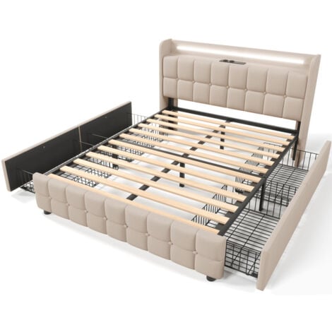Lit double capitonné 180x200cm, Lit Capitonné avec 4 Tiroirs, éclairage LED, tête de lit avec fonction chargement USB, sommier à lattes, lit adulte en lin, sans matelas,Beige