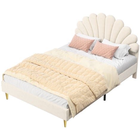 Lit Double 140x200cm, Lit LED Avec Sommier à Lattes Et Tête De Lit En Forme De Nuage Pied De Lit Dissimule Tissu Velours Rose