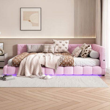 Lit 140 x 200 cm, lit double,lit adulte, lit rembourré, lit canapé,avec port USB, avec 16 couleurs de lumière LED,Peluche+MDF, Rose