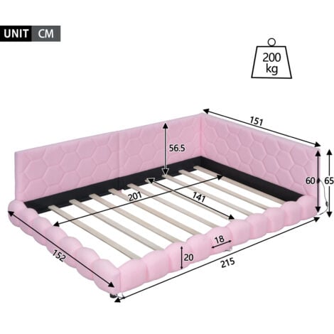 Lit 140 x 200 cm, lit double,lit adulte, lit rembourré, lit canapé,avec port USB, avec 16 couleurs de lumière LED,Peluche+MDF, Rose