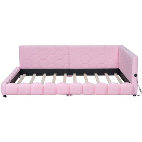 Lit 140 x 200 cm, lit double,lit adulte, lit rembourré, lit canapé,avec port USB, avec 16 couleurs de lumière LED,Peluche+MDF, Rose