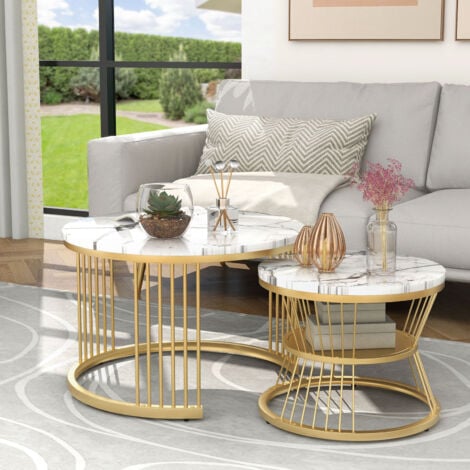 Tables basses gigognes modernes ,Ensemble de 2 ,Cadre doré - Placage de marbre,Blanc-70x70x45cm,45x45x40cm --SUNFECILI