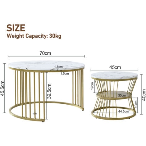 Tables basses gigognes modernes ,Ensemble de 2 ,Cadre doré - Placage de marbre,Blanc-70x70x45cm,45x45x40cm --SUNFECILI