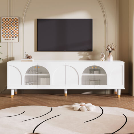 Meuble TV contemporain blanc aux finitions cannelées 3 portes battantes 170x40,5x47 cm CASCADEKAEL