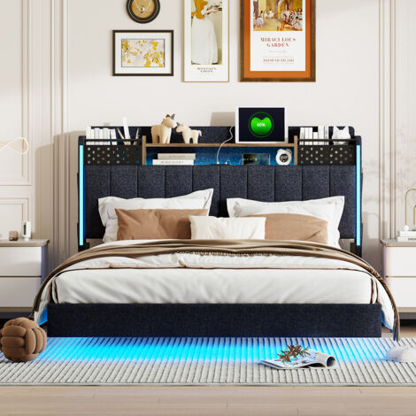 Lit rembourré, 140 x 200, lit double avec éclairage LED et port USB, lit plat au design moderne et simple avec tête de lit de rangement, cadre à lattes en bois - Gris (1/5)