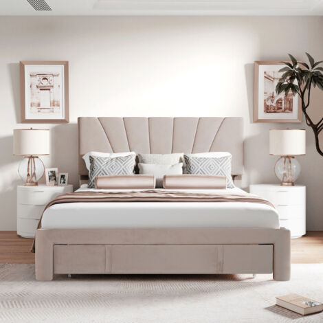 Lit rembourré, 140 x 200cm, lit double en tissu velours, lit plat avec un grand tiroir, cadre à lattes en bois, beige (1/5)
