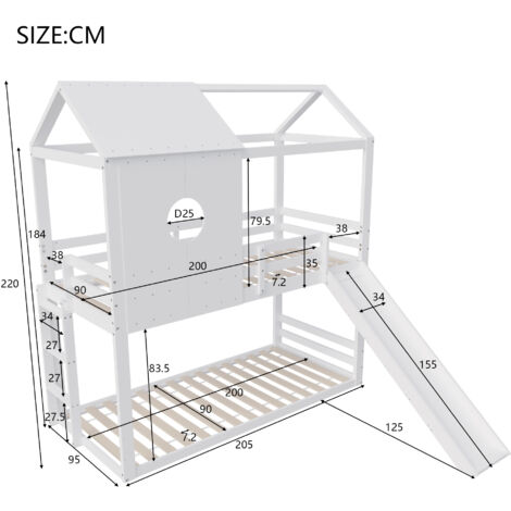 Lit Mezzanine Enfant Avec Toboggan - 90x200 Cm, Pin Massif Blanc - Espace Jeu Dessous Avec Rideau Vert