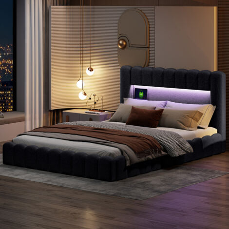 Lit double, 140 x 200 cm, lit tapissé en lin avec tête de lit à éclairage LED, lit hydraulique avec rangement sous le lit, cadre à lattes en bois (1/5)
