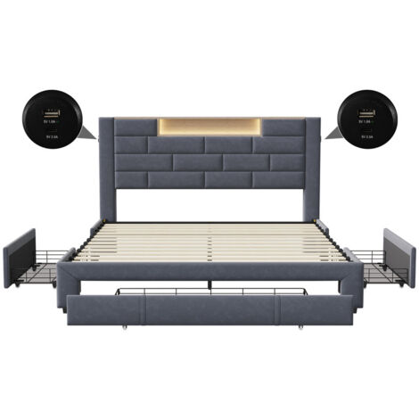 Lit avec tiroirs 160x200cm,tête de lit LED avec recharge USB,lit capitonné avec sommier à lattes,lit adulte avec 3 tiroirs,lit double,Velours, Gris