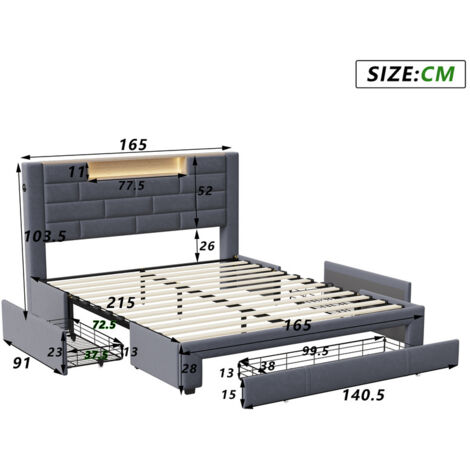 Lit avec tiroirs 160x200cm,tête de lit LED avec recharge USB,lit capitonné avec sommier à lattes,lit adulte avec 3 tiroirs,lit double,Velours, Gris