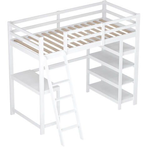 Lit Mezzanine En Fer 90 X 200 Cm, Lit Simple En Métal Avec Bandes Lumineuses Led Controlees Par Application Rangements Et Armoire Ouverte Blanc 97472400