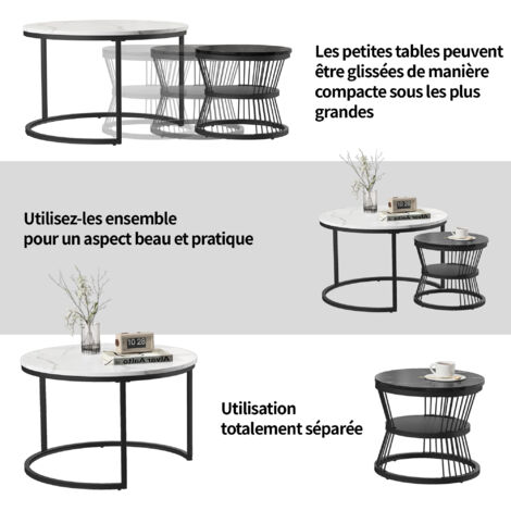 Lot De 2 Tables Gigognes Rondes – Table Basse Salon Blanche Imitation Marbre – Pieds En Métal Noir – Dimensions ø70 X 45 Cm Et ø50 X 35 Cm