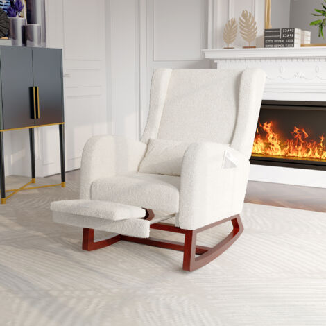 Hellove Fauteuil à Bascule Avec Pieds En Bois Massif, Rocking Chair Avec Coussin Lombaire, Fauteuil Salon Relax Avec Accoudoirs, Fauteuil Allaitement Lecture Confortable Pour Salon Chambre,136kg Beige