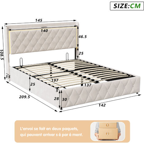 Lit Double Rembourré 140x200 - Tête De Lit Capitonnée, Sommier à Lattes, Style Bubble Moderne Beige - 13