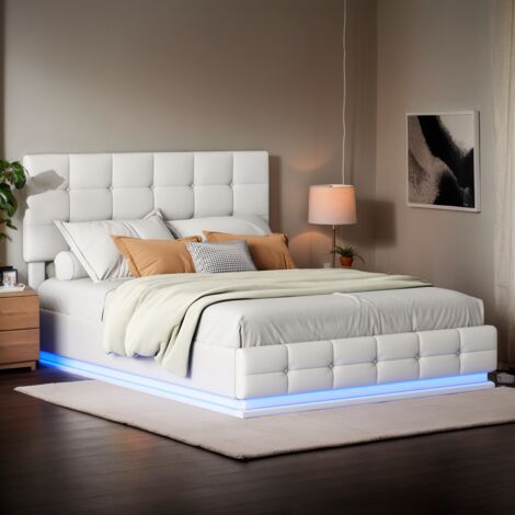 Lit Double 140x200cm - Avec 4 Tiroirs Et Grande Tête De Rangement - En Bois Massif - Blanc | Leroy Merlin