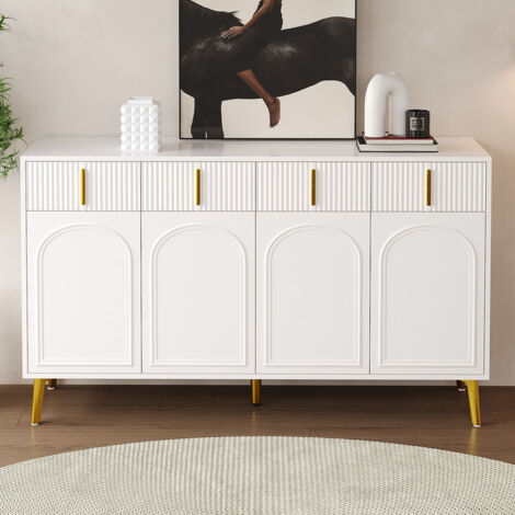 Sureh – Buffet moderne blanc 4 portes 4 tiroirs – MDF durable avec finition mélamine – Dimensions 140 x 37,8 x 82 cm – Rangement élégant pour salon, chambre, cuisine (1/5)