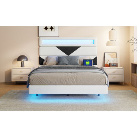 Lit Double 140x190 LIVLUX Avec Sommier LED Et USB - Cadre Flottant, Tête De Lit Rangement, Charge 300 Kg