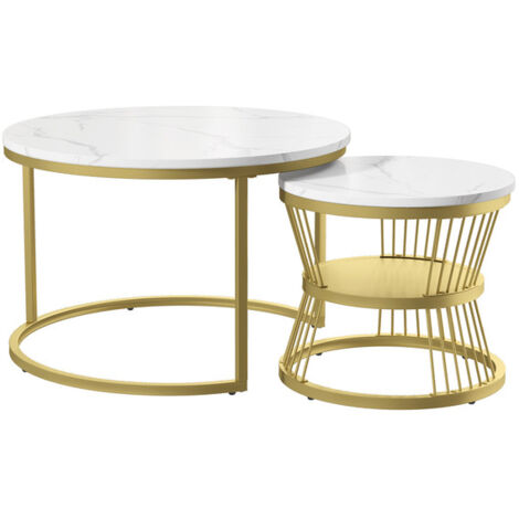 Lot De 2 Tables Basses Gigognes Rondes - Plateau MDF Imitation Travertin, Pour Salon, Chambre (Jaune Clair) - 13