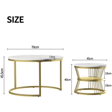Lot De 2 Tables Basses Gigognes Rondes - Effet Marbre, Pieds Dorés, Style Moderne Pour Salon Petit Espace