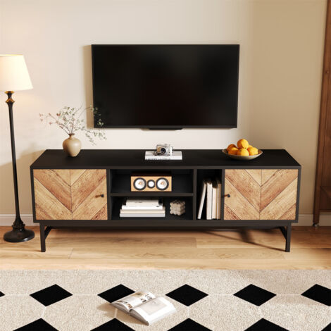 Meuble TV moderne avec 2 portes, design contrasté noir et bois, 150 x 38 x 55 cm (1/5)