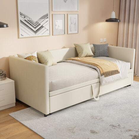 Canapé-lit gigogne 90/180x200cm, lit gigogne extensible, Lit multifonctionnel en tissu velours doux pour la peau, Lit rembourré avec sommier à lattes et dossier,Beige