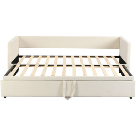 Canapé-lit gigogne 90/180x200cm, lit gigogne extensible, Lit multifonctionnel en tissu velours doux pour la peau, Lit rembourré avec sommier à lattes et dossier,Beige