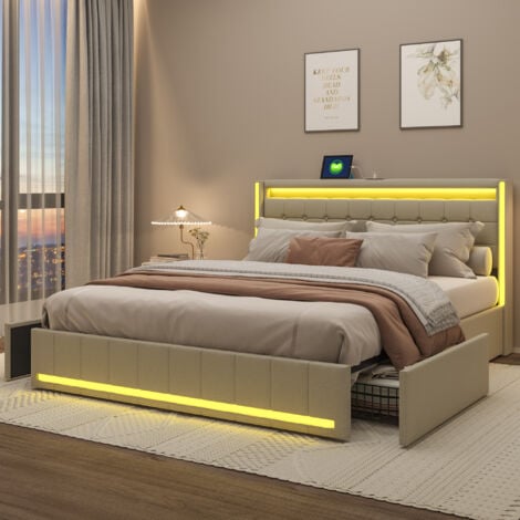 Lit double capitonné 160x200cm, Lit coffre avec 4 Tiroirs, Lit adulte avec sommier à lattes, éclairage LED, tête de lit avec fonction chargement USB, Lit rembourré tissu en lin,Beige